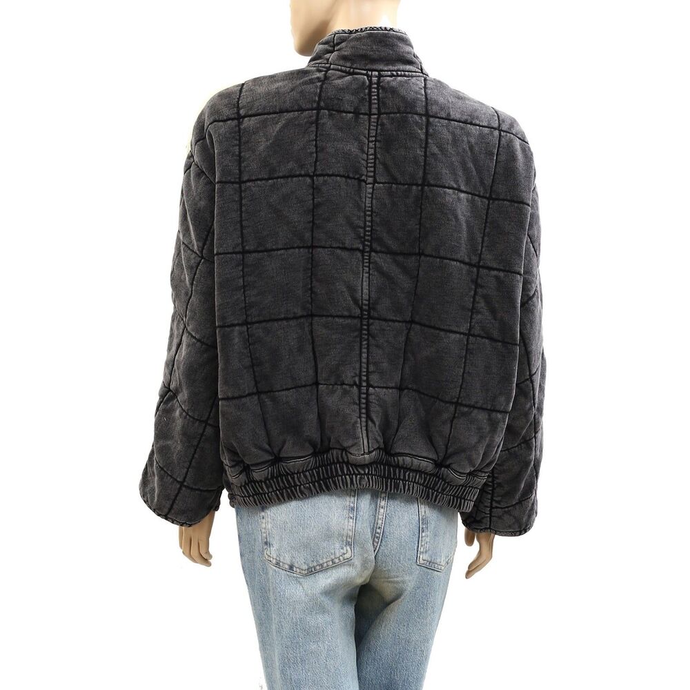 Free People Charcoal Quilted Puffer Jacket with Cream Sleeve Stripes - Picture 3 of 7